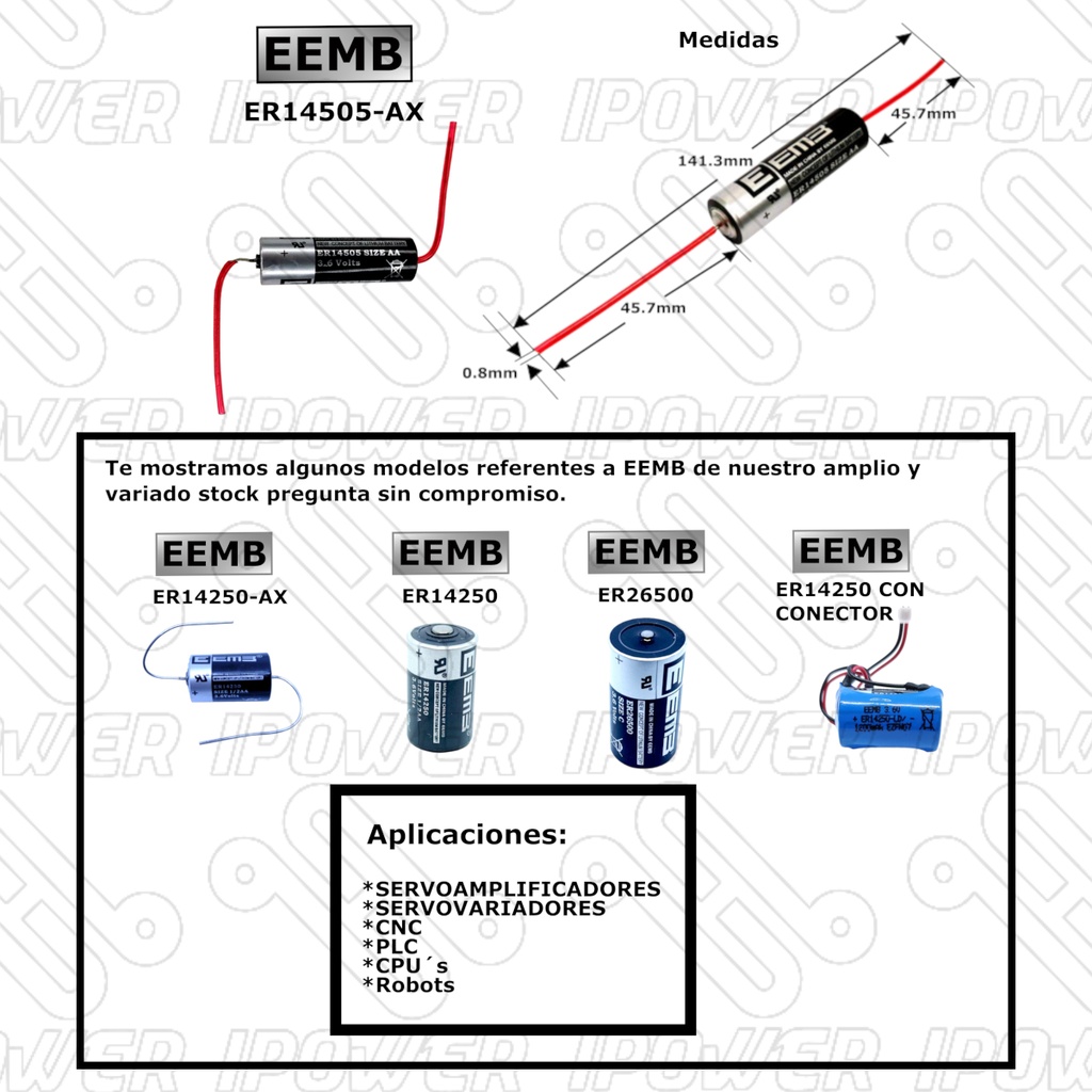 Pila Batería EEMB 14505 ER14505-AX 3.6V AA Con Conector Axial