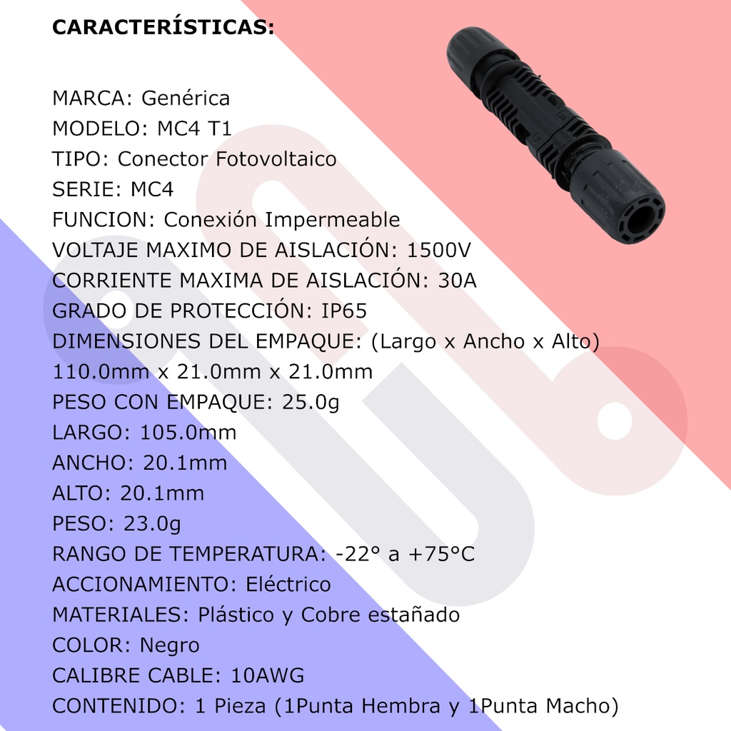 Conector Solar Hembra Macho MC4 T130A Para Panel solar Fotovoltaico IP65