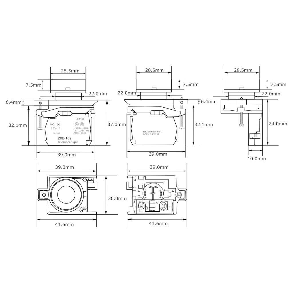 Interruptor Botón Push Button Telemecanique XB4BA42 ZBE-102 Ø22 NC Rojo Retorno Resorte Nivelado