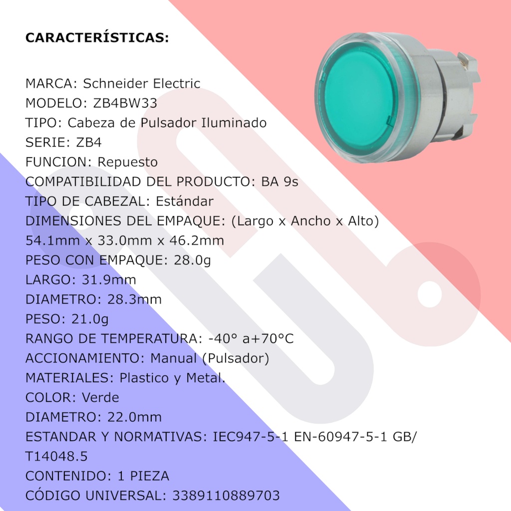 Cabeza de Pulsador Iluminado Schneider Electric ZB4BW33 Ø22 Verde