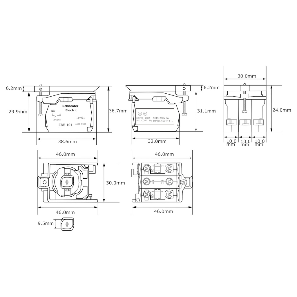 Bloque Luz Cuerpo/Collar Schneider Electric ZB4BW065 Para Bombilla BA9s 250V 1 NO + 1 NC Fijación Metal Azul
