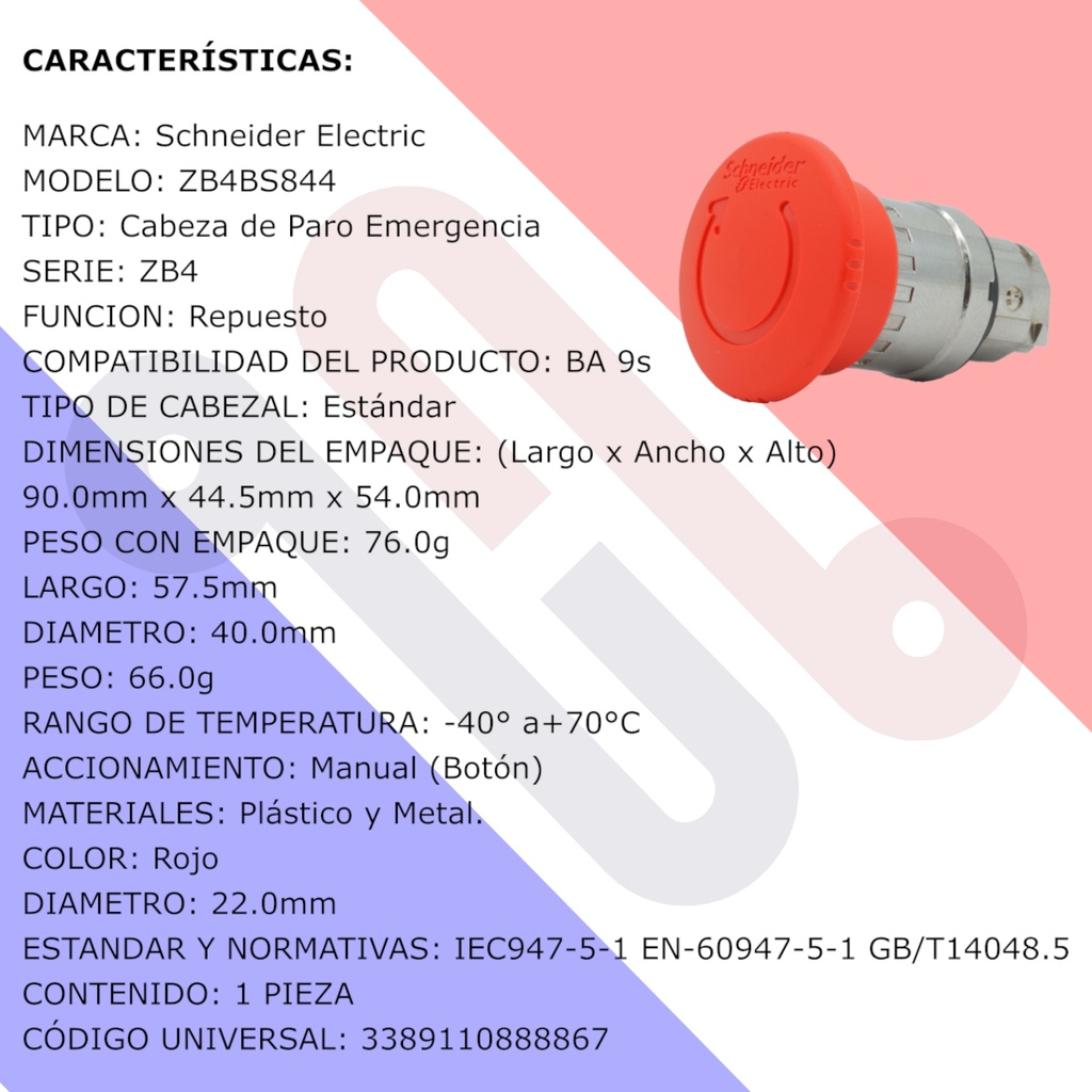 Cabeza Botón Emergencia Push Button Schneider Electric ZB4BS844 40mm Giro Restablecimiento
