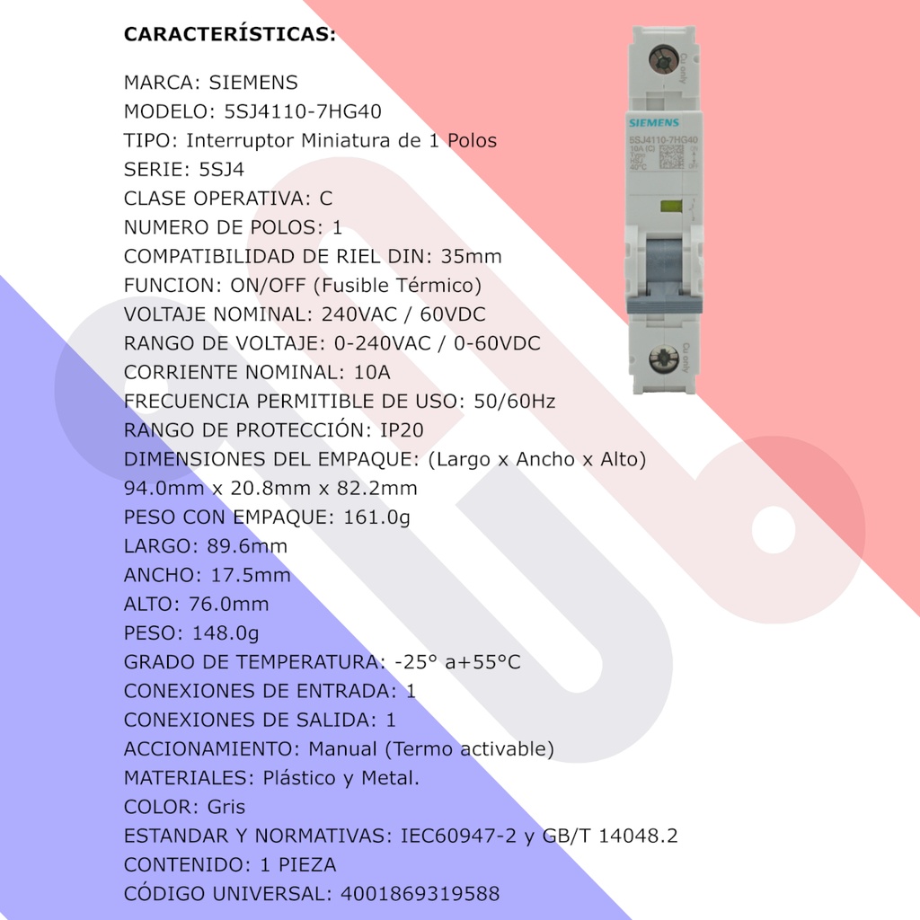 Interruptor Automático Miniatura Siemens 5SJ4110-7HG40 240VAC / 60V DC