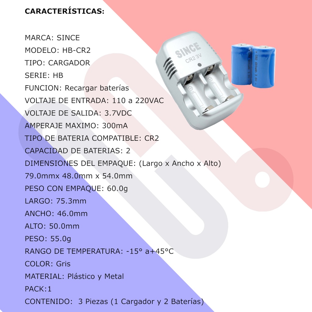 Cargador Since HB-CR2 Para Pilas Baterías CR2 3V