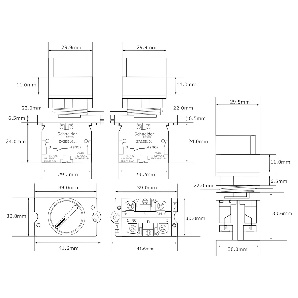 Interruptor Selector Conmutador Completo Schneider Electric XA2ED33 Ø 22mm 3 Posiciones 2 NO