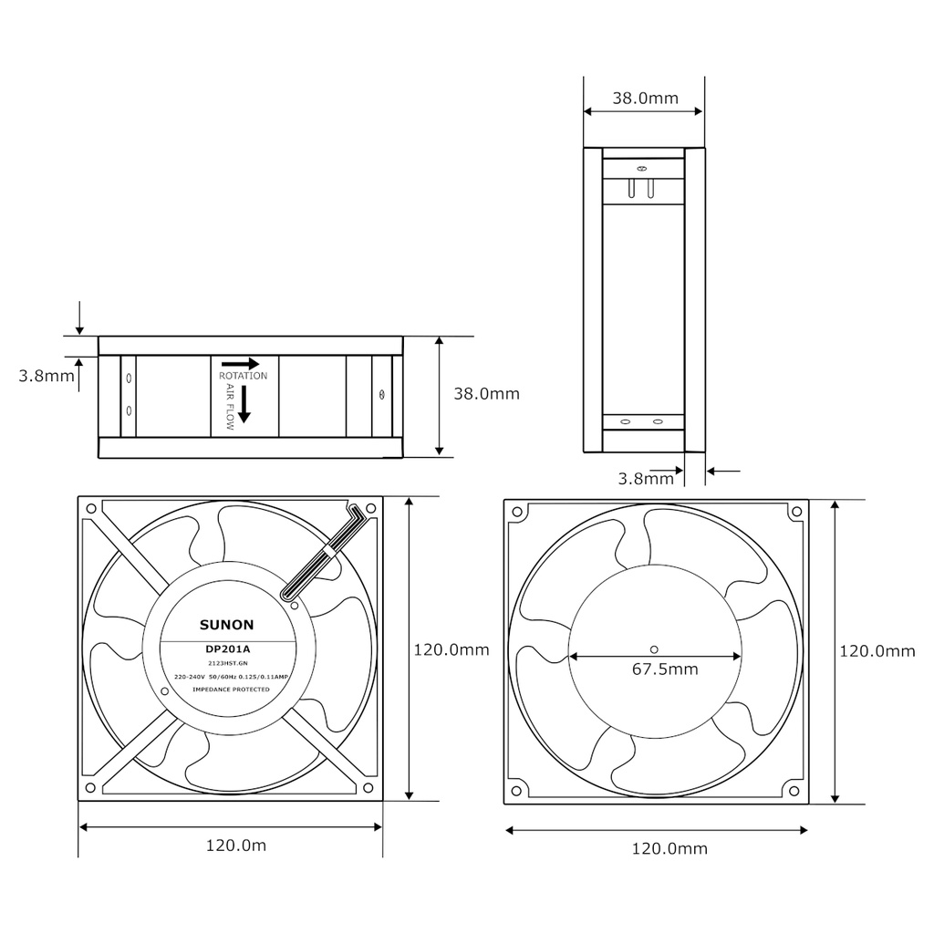 Ventilador SUNON DP201A 2123HST.GN 220-240V 0.125/0.11A 120mm x 120mm x 38mm con dos pines