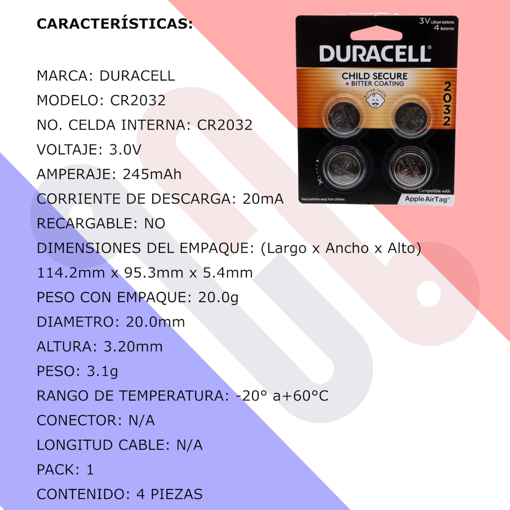 4x Blister Pila Batería Duracell CR2032 DL2032 3V Tipo Botón Litio