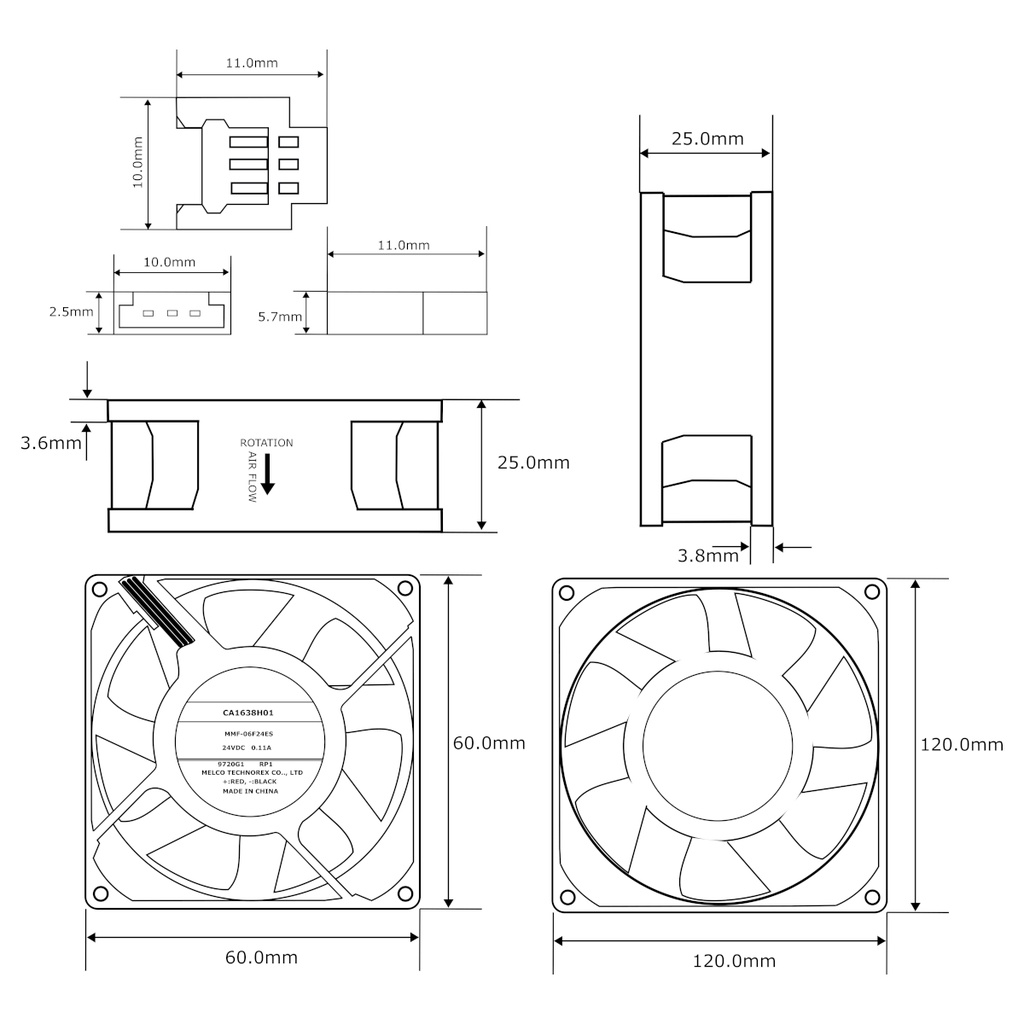 Ventilador MELCO TECHNOREX CA1638H01 MMF-06F24ES 9720G1 RP1 24V DC 0.10A 60mm x 60mm x 25mm