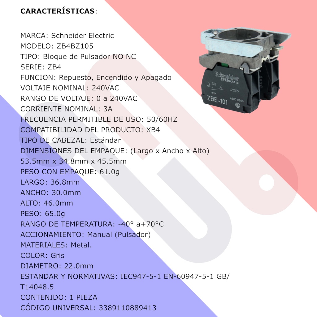 Bloque Cuerpo Collar Pulsador Schneider Electric ZB4BZ105 Ø 22 1 NA + 1 NC