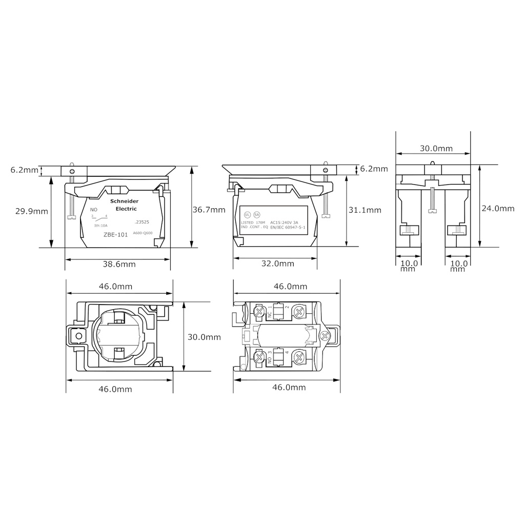 Bloque Cuerpo Collar Pulsador Schneider Electric ZB4BZ105 Ø 22 1 NA + 1 NC