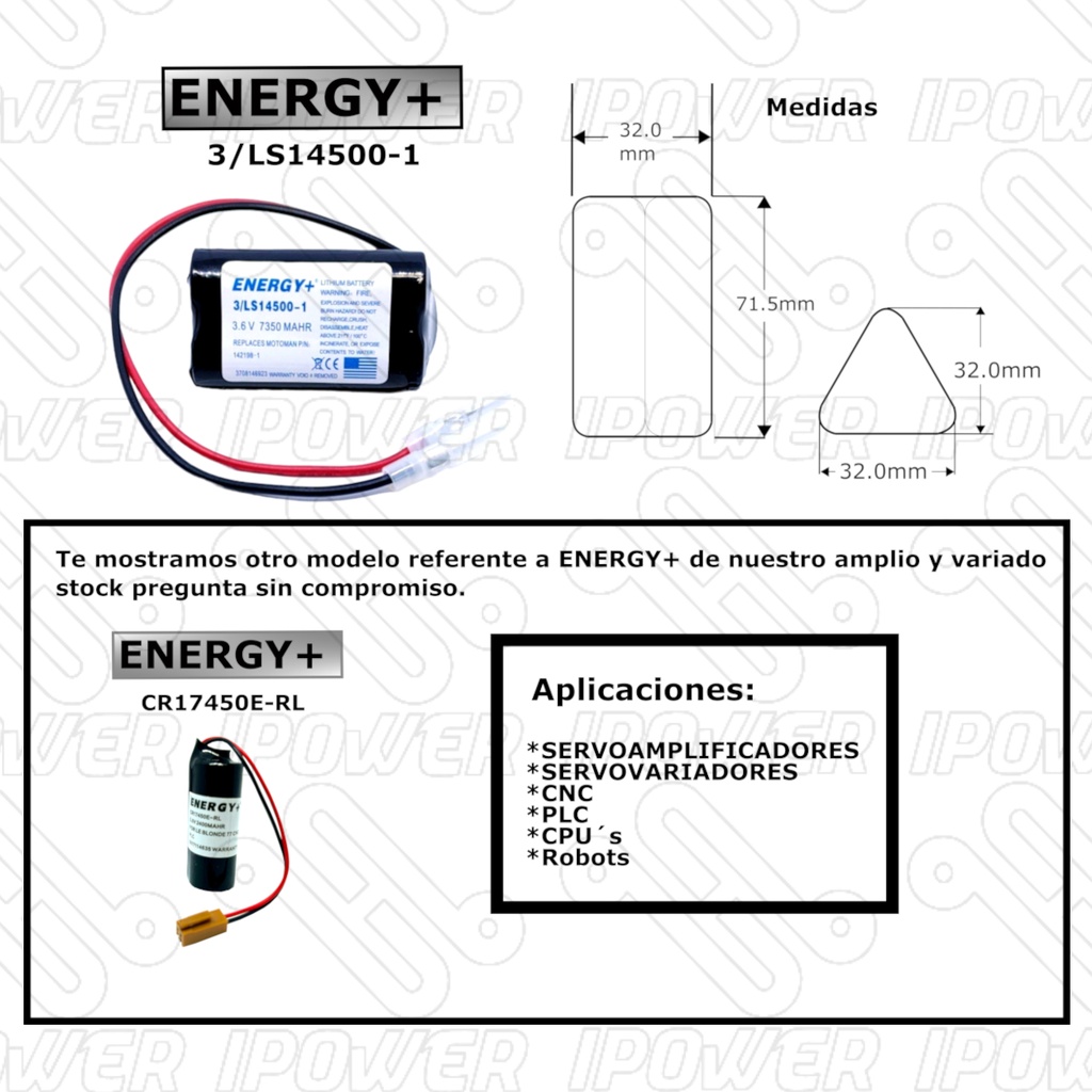 Pila Batería Energy+ 14500 LS14500-1 3.6v 7350mAh 2 Terminales Reemplazo Motoman HW970932-A (Energy)