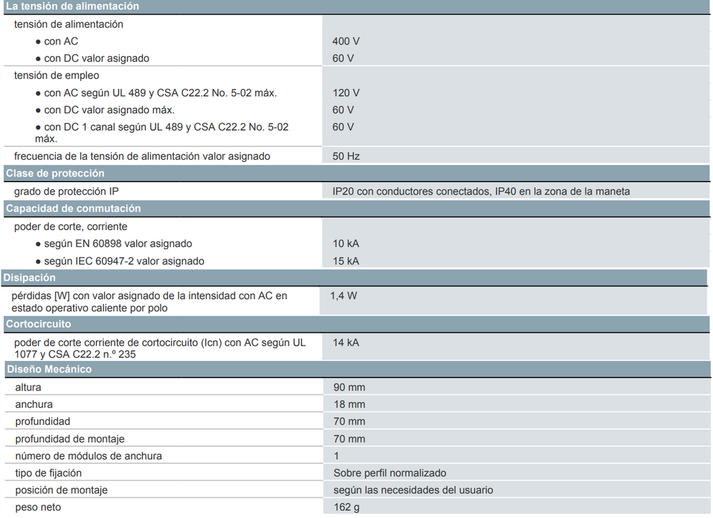 Interruptor Automático Miniatura Siemens 5SJ4110-7HG40 240VAC / 60VDC 10kVA