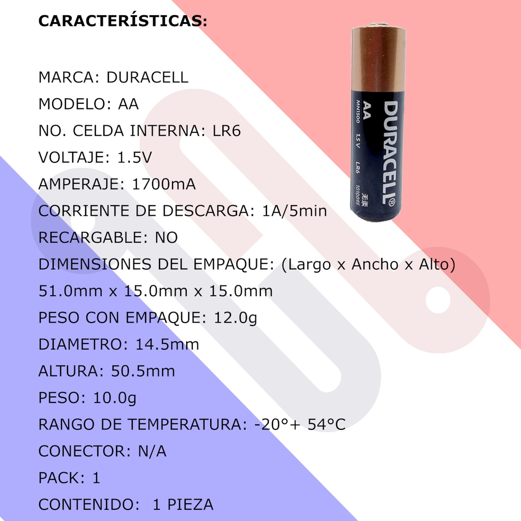 Pila Batería Duracell 1.5V AA LR6 Alcalina