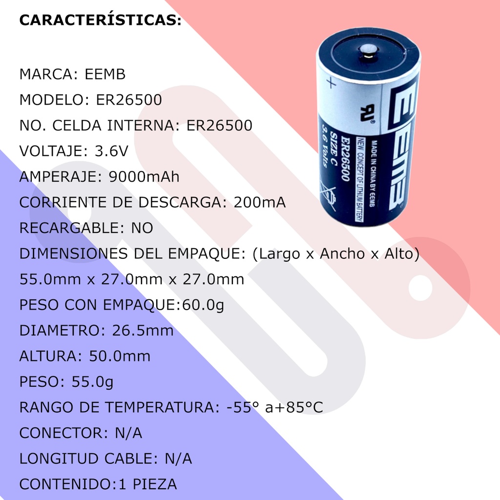 Pila Batería EEMB ER26500 26500 3.6V 9000mAh Tipo C LS26500 TL2200