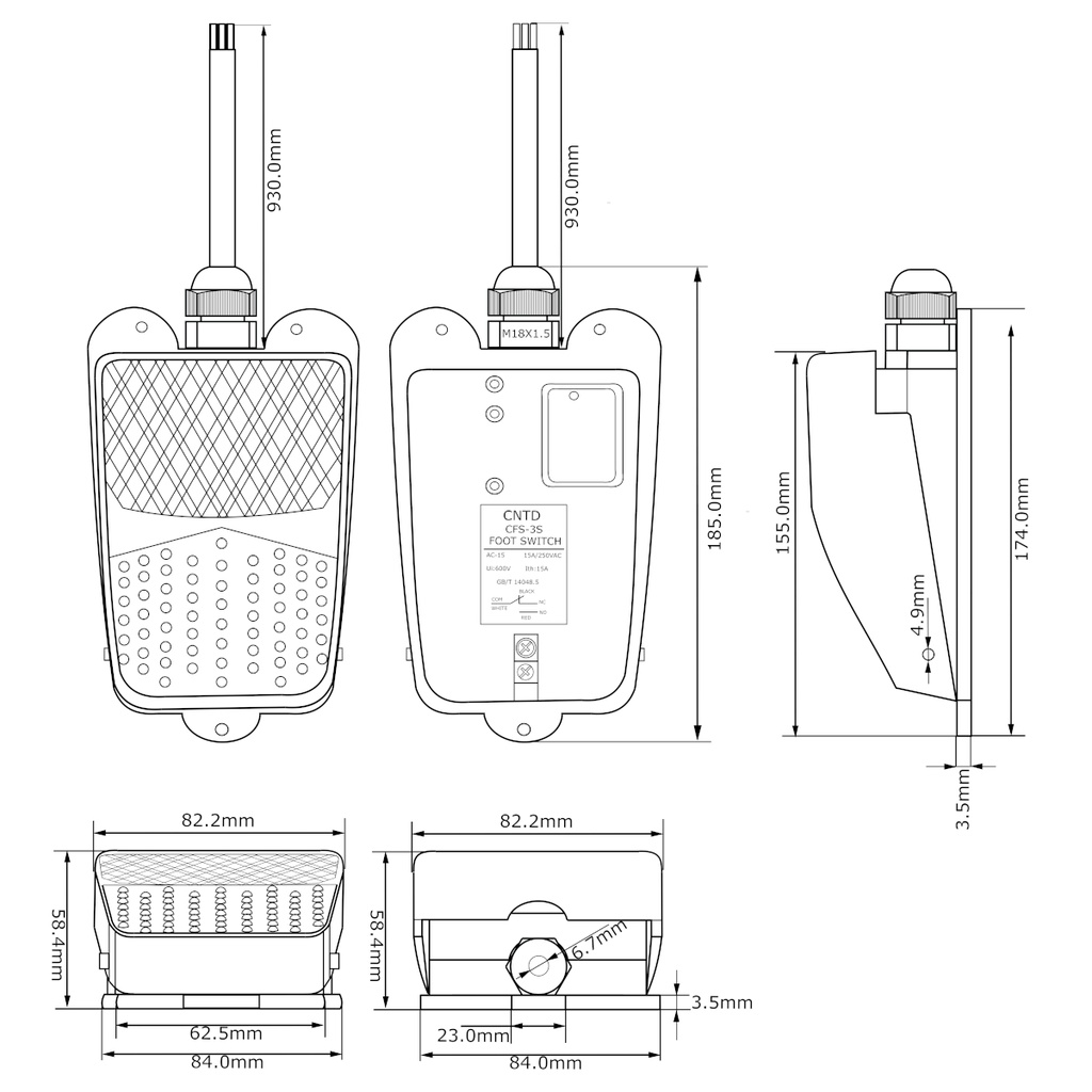 Interruptor de Pedal Pie CFS-3S 250V AC 15A Metálico