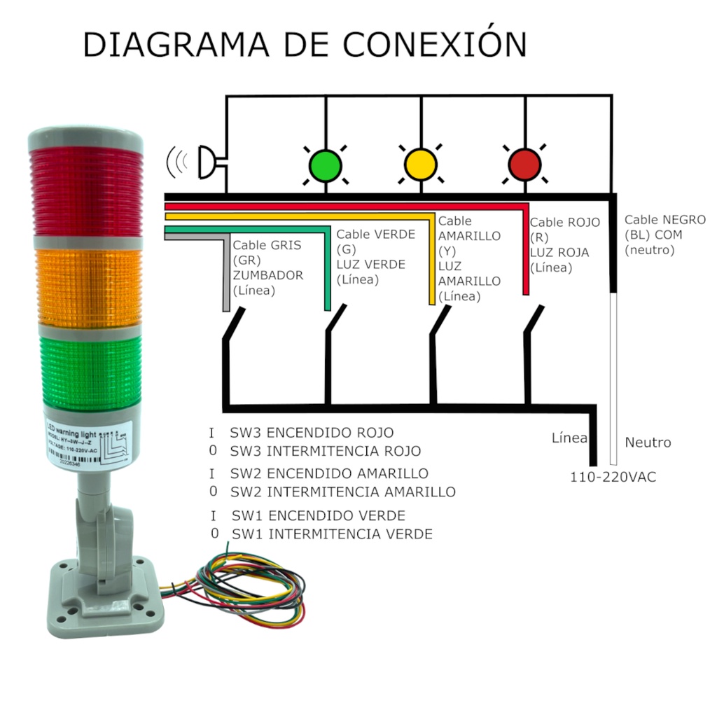 Torre Indicadora Industrial HY-3W-J-Z Semáforo 3 Colores 110-220V AC Maquinaria Con Buzzer