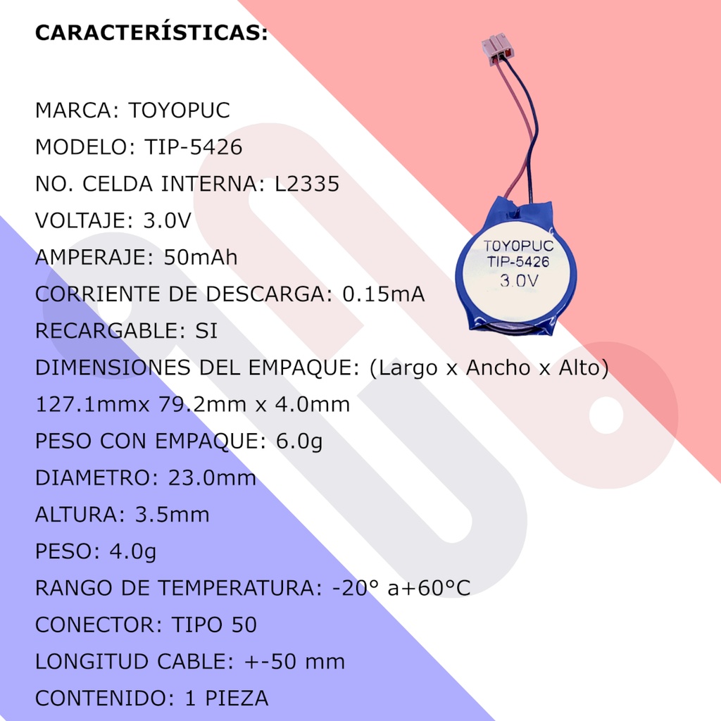 Pila Batería Toyopuc Tip-5426 3.0v Conector Marrón Mediano 