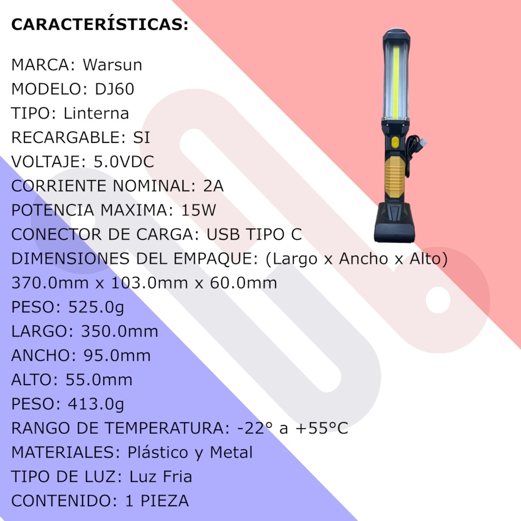 Lampara Luz De Trabajo Warsun Mod: DJ60 5V 25W 1500 Lúmenes