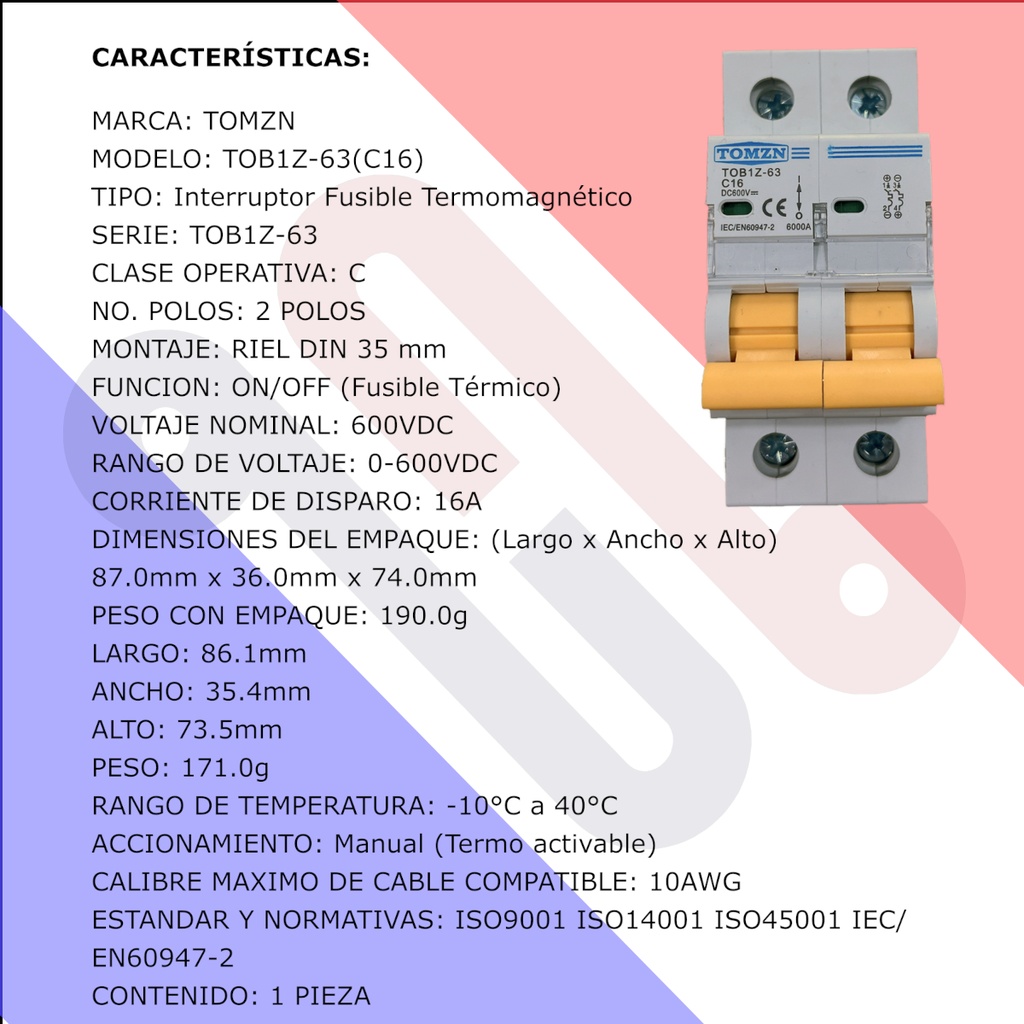 Interruptor Termomagnético TOB1Z-63(C16) 600V DC 16A Solar Fotovoltaico