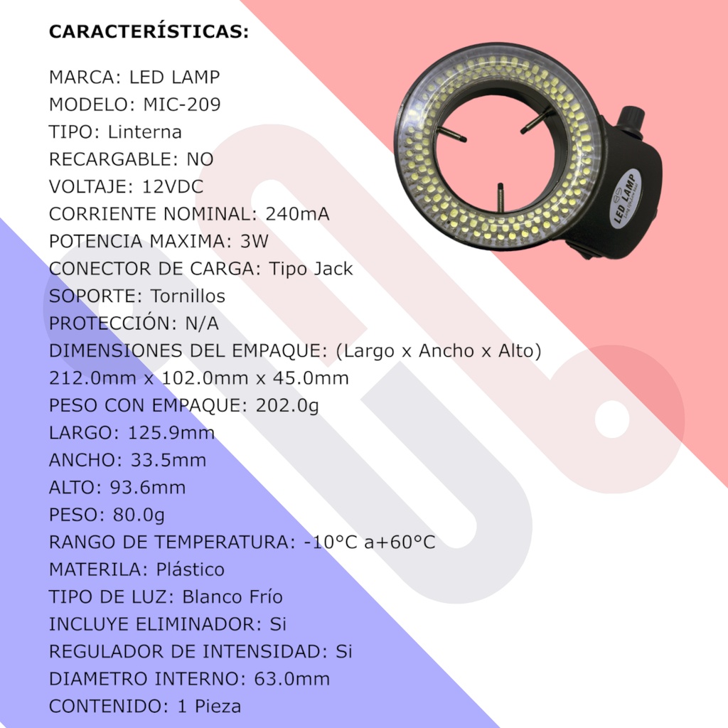 Aro, Anillo Led Microscópico MIC-209 12v Color Negro