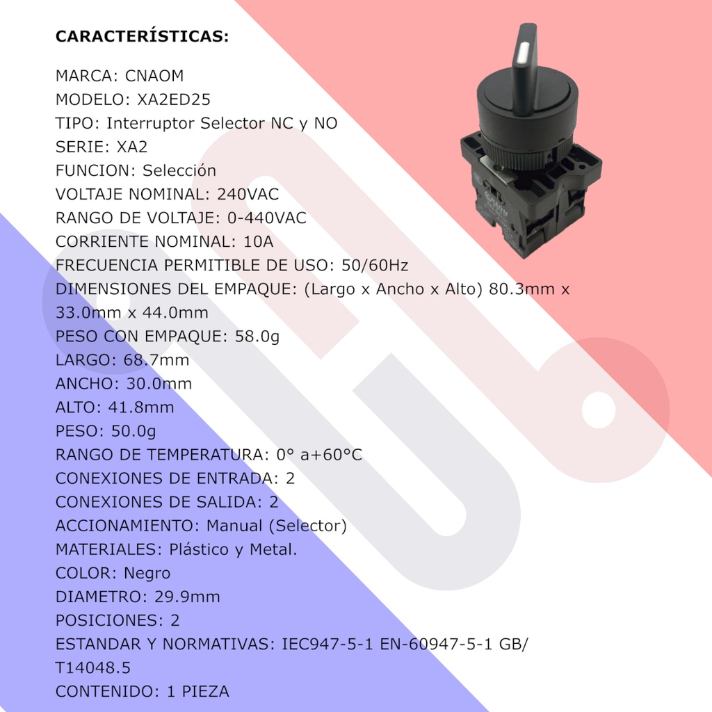 Interruptor Selector XA2ED25 1NO+1NC 2 Posiciones 240V 10A