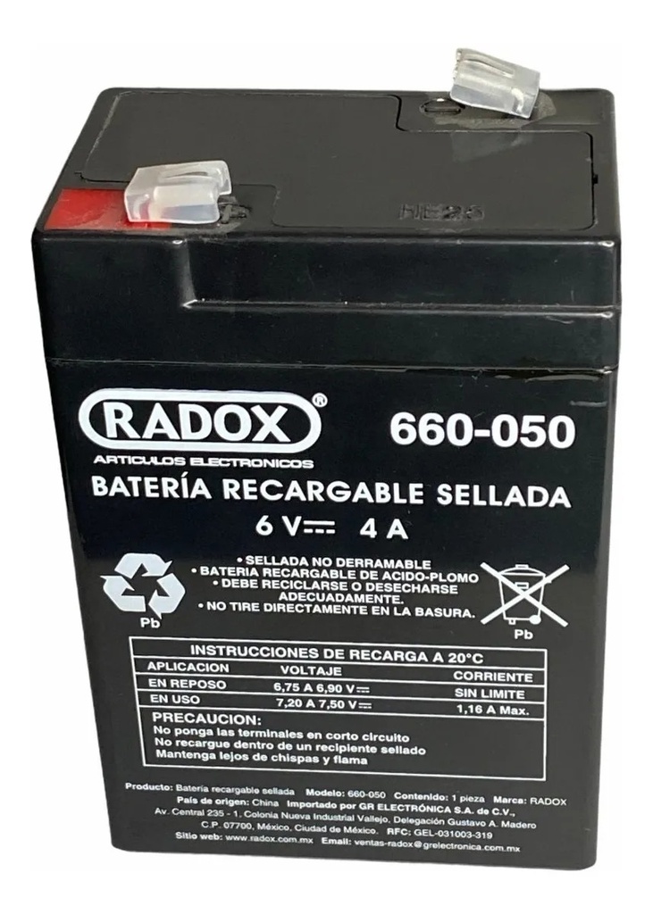 Pila Batería Radox 6V 4A Recargable Sellada De Ácido - Plomo