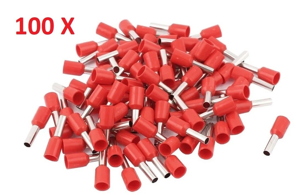 100x Terminales Ferrules Cal 14 AWG Cilíndricas Eléctricas Aisladas Cable E2508 ROJO