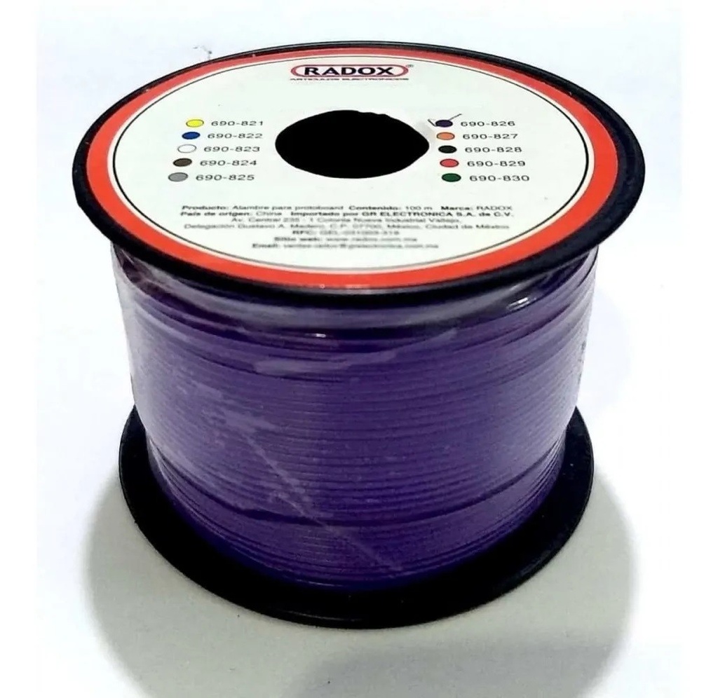 Rollo de cable estañado calibre 22 morado 100m.