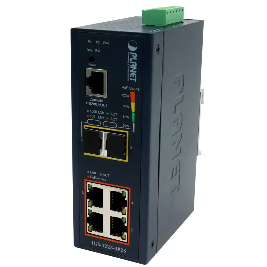 Switch Administrable Industrial PLANET IGS-5225-4P2S L2+ 4-Port 10/100/100T 802.3at PoE + 2-Port 100/1000X SFP