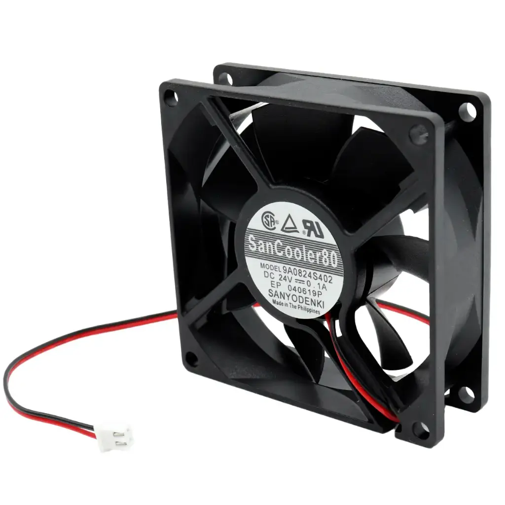 Ventilador Sanyo Denki SanCooler80 9A0824S402 24V DC 0.1A 2.4W 80 mm x 80 mm x 25 mm Conector Blanco 2 Cables 2 Pines